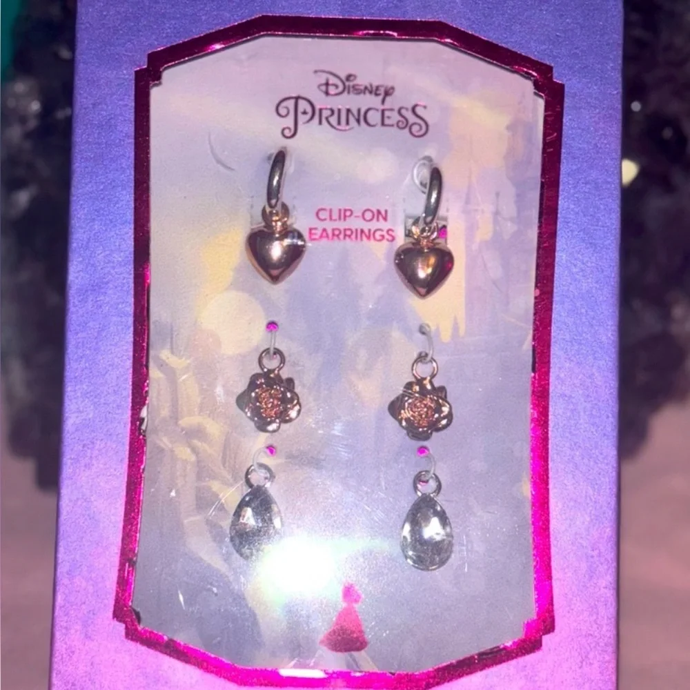NWT 2 sets Disney Princess Clip on Earring sets rhinestones hearts crowns